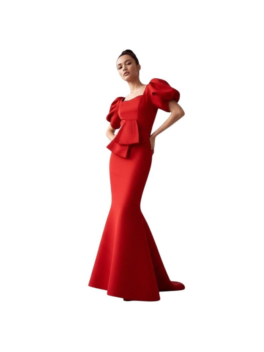 Faeriesty Red Mermaid Gown With Puff Sleeves Peplum Waist Formal Wear Medium